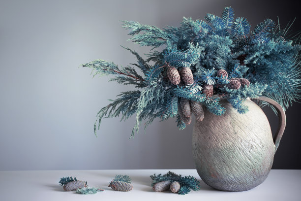 圣诞自然花束在旧陶瓷壶在背景灰色的墙图片下载