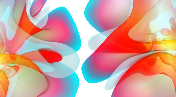 三维渲染抽象艺术三维背景与部分超现实的异域花朵在曲线波浪优雅有机生物线形成透明多层效果在天蓝色，橙色和白色的梯度颜色图片下载