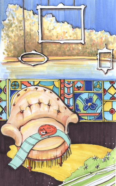 手绘标记的旅程住宅庄园的一个俄罗斯艺术家扶手椅与一个猫的图片框架在背景彩绘玻璃窗河图片下载