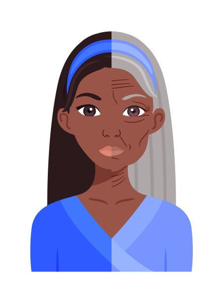 美丽的年轻非洲妇女和年老的黑人女士。一半的脸。青年和老年。图标在一个平坦的卡通颜色风格。医疗和美容设计插图。白色背景。向量。图片下载