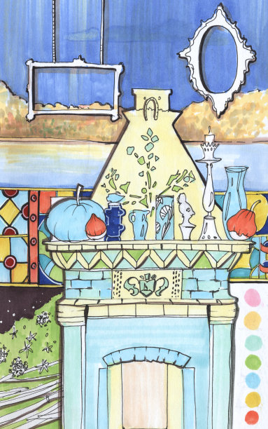 手绘室内素描与标记古老的俄罗斯庄园秋天和南瓜壁炉在现代新艺术风格的背景相框和一条河图片下载