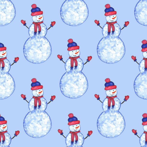 无缝模式与雪人在帽子和手套在蓝色背景。水彩插图。冬天的乐趣。用于布料印刷、卡片设计、礼品包装。图片下载