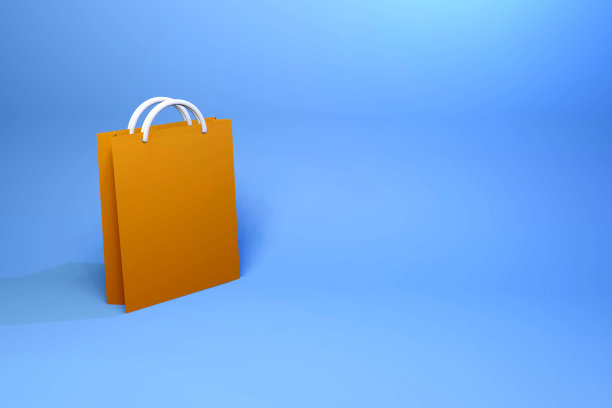 3D橙色袋子在蓝色背景与阴影。网上购物，折扣概念。3 d渲染。图片下载