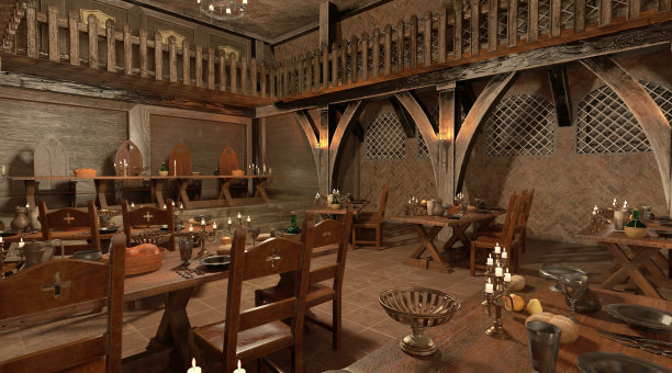 中世纪城堡大厅内部三维插图图片下载