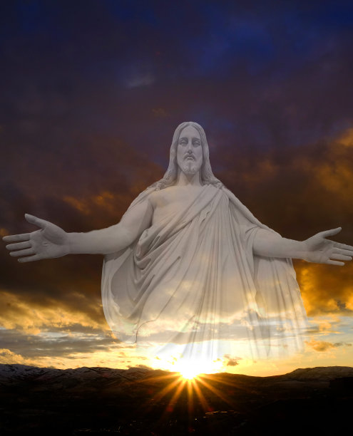 耶稣，日落，山，地平线，云，太阳，太阳，星，闪闪发光图片下载