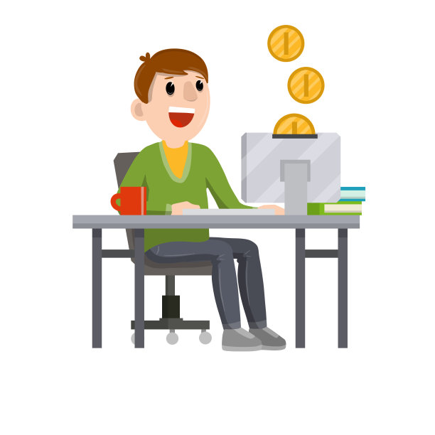 年轻人坐在桌子旁，旁边放着电脑和显示器。金币。自由职业者和程序员的工资。卡通平面插图。网上收入和购买图片下载