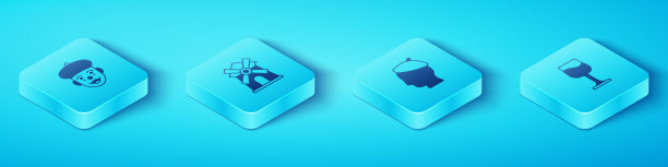 设置等距法国哑剧，风车，酒杯和男人图标。向量图片下载