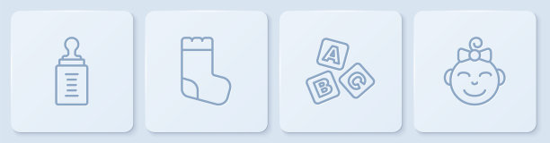 设置婴儿奶瓶，ABC积木，袜子和小女孩头。白色正方形按钮。向量图片下载