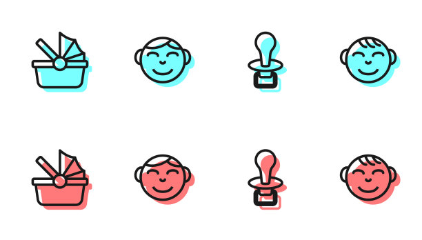 宝贝奶嘴，婴儿车，小男孩的头和图标。向量图片下载