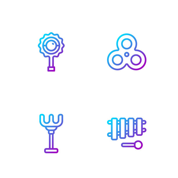 设置木琴，耙子玩具，拨浪鼓宝宝和指尖陀螺。渐变颜色图标。向量图片下载