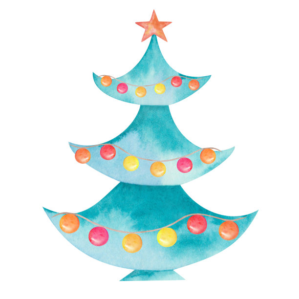 水彩插图手绘冷杉树，松树，绿色云杉与红星和花环与球为圣诞节，新年，冬天图片下载
