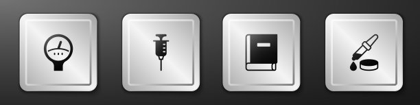 设置压力表刻度，注射器，科学书和移液管图标。银广场按钮。向量图片下载