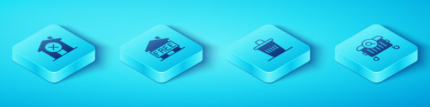 设置Isometric No house, Shelter for homeless, Searching food and Trash can icon。向量图片下载