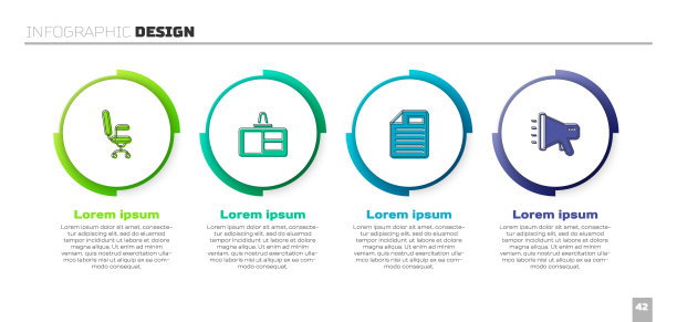 办公椅、证件牌、档案文件、扩音器。业务信息模板。向量图片下载