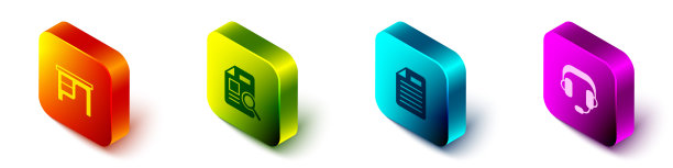 设置等距办公桌，文档与图形图表，文件文档和耳机图标。向量图片下载