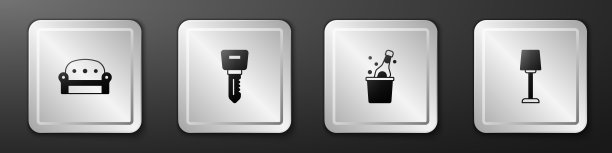 设置沙发，酒店门锁钥匙，香槟瓶和台灯图标。银广场按钮。向量图片下载