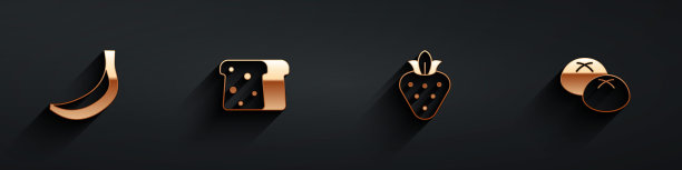 设置香蕉，面包吐司，草莓和长影子面包图标。向量图片下载