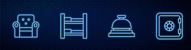酒店服务铃、扶手椅、客房床、保险箱。砖墙上发光的霓虹灯图标。向量图片下载