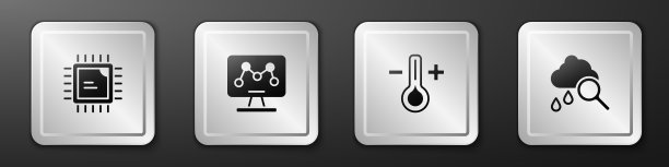 设置处理器CPU，基因工程，温度计和云与雨图标。银广场按钮。向量图片下载