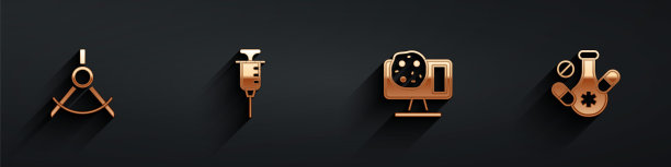 设置绘图指南针，注射器，基因工程和医药药丸图标与长阴影。向量图片下载