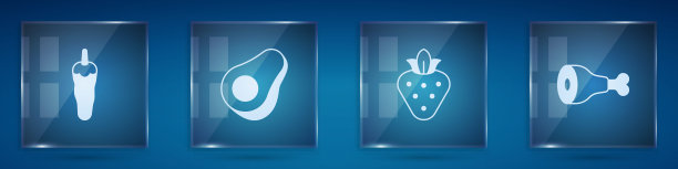 设置辣椒，牛油果，草莓，鸡腿。方形玻璃面板。向量图片下载