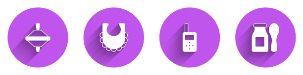 设置旋转玩具，婴儿围嘴，监视器对讲机和酸奶在瓶与勺子图标与长影子。向量图片下载