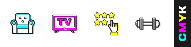设置扶手椅，智能电视，星级和哑铃图标。向量图片下载