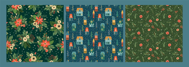 套圣诞节和快乐新年无缝模式与圣诞房子，云杉树枝，鲜花。图片下载