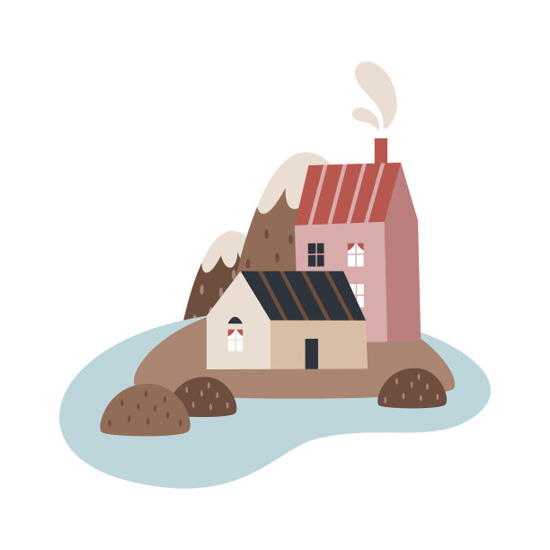 可爱的卡通向量插图北欧的北欧房屋，峡湾，自然，海，石头，山脉图片下载