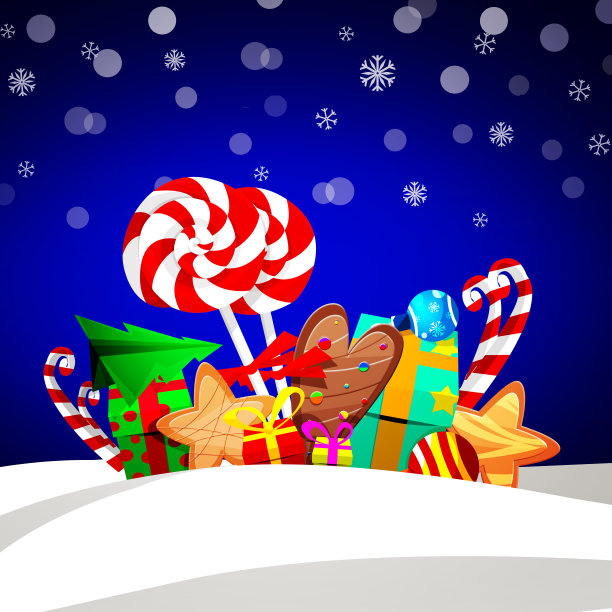 圣诞快乐，恭贺新禧!圣诞礼物与棒棒糖卡通风格在节日抽象彩色背景雪花。图片下载