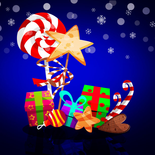 圣诞快乐，恭贺新禧!圣诞礼物与棒棒糖卡通风格在节日抽象彩色背景雪花。图片下载