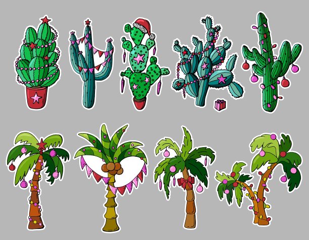装饰棕榈树和仙人掌的圣诞贴纸。图片下载
