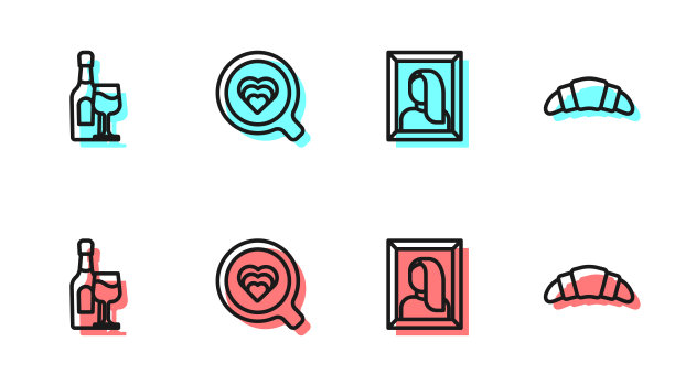 在博物馆设置线条肖像图片，玻璃瓶，咖啡杯和羊角面包图标。向量图片下载