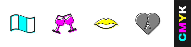 设置法国国旗，酒杯，微笑的嘴唇和埃菲尔铁塔的心标志。向量图片下载