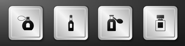 设置香水、香槟酒和图标。银广场按钮。向量图片下载