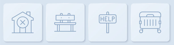 设置线没有房子，请求帮助短信，长凳和垃圾桶。白色正方形按钮。向量图片下载