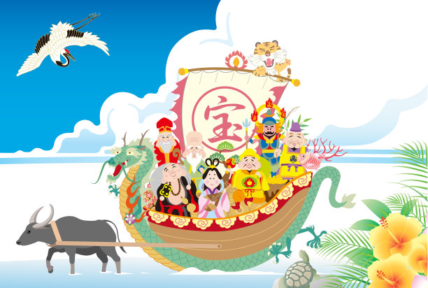 海滩上的宝船上的七个幸运神图片下载