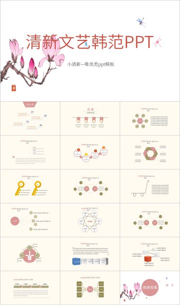 浅粉色清新文艺韩范工作总结汇报PPT模板图片下载