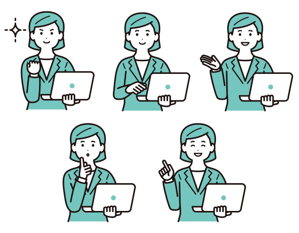 这是一个商人手里拿着一台个人电脑进行解释的简单插图素材。女人。西装。带来的变化。图片下载