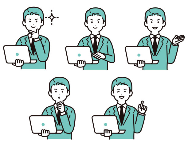 这是一个商人手里拿着一台个人电脑进行解释的简单插图素材。男性。西装。带来的变化。图片下载