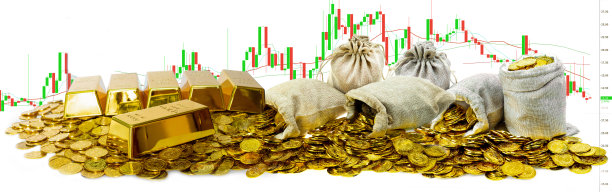 在交易和图表背景下，宝袋里堆积了大量的金条和金币图片下载