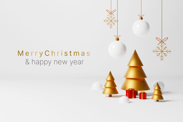 圣诞快乐，新年快乐概念。圣诞装饰装饰，圣诞树，雪花，礼物和球在白色的背景上。3 d渲染图图片下载