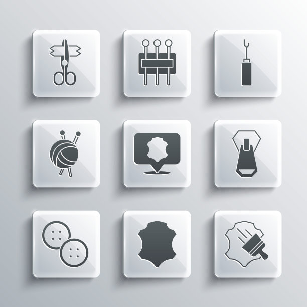 集皮革，拉链，缝纫按钮，纱线球针织针，剪刀和锥子工具图标。向量图片下载