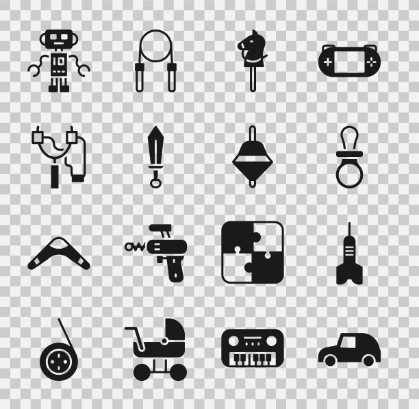 集玩具汽车，飞镖箭，婴儿奶嘴，马，剑玩具，弹弓，机器人和旋转图标。向量图片下载