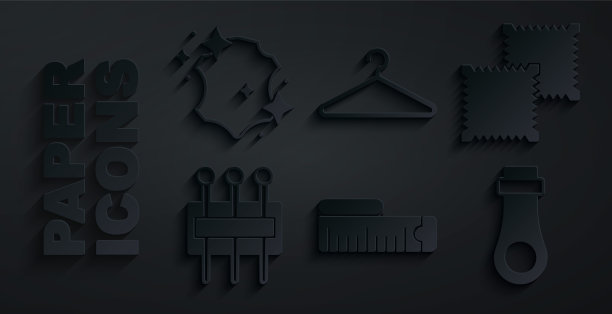 设置卷尺，纺织织物卷，缝纫针，拉链，衣架衣柜和皮革图标。向量图片下载