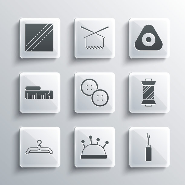 设置针床和针，锥子工具，缝纫线在卷轴，纽扣，衣架衣柜，卷尺，纺织织物卷和粉笔图标。向量图片下载