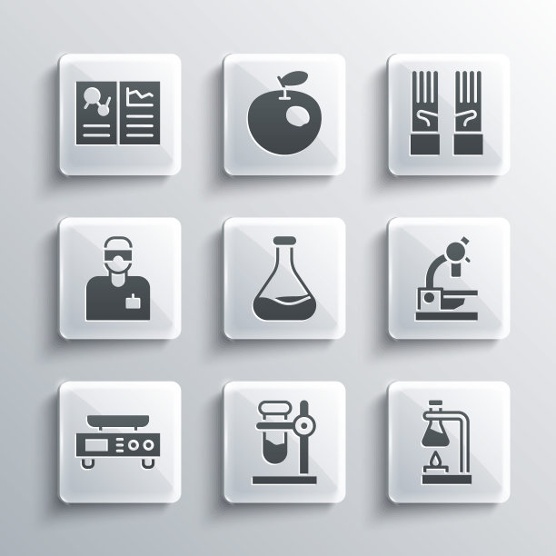 在架子上设置试管烧瓶，火，显微镜，电子秤，实验室助手，临床记录和医用橡胶手套图标。向量图片下载