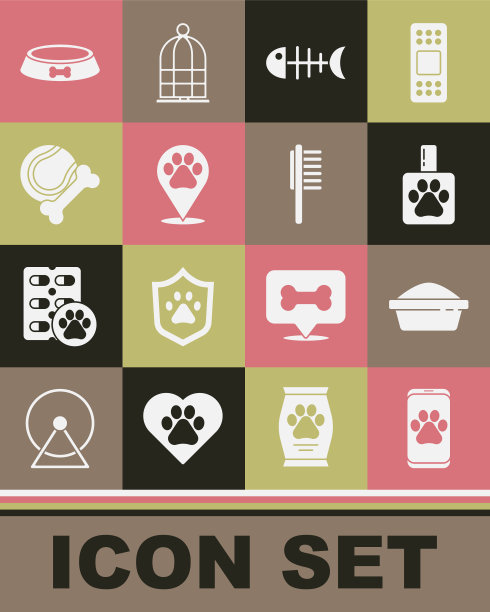 设置兽医诊所，宠物食品碗，洗发水，鱼骨骼，位置兽医，玩具骨橡胶和球，和宠物小瓶医疗图标。向量图片下载