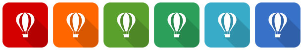 气球，航空运输图标集，平面设计矢量插图在6个颜色选项的网页设计和移动应用程序图片下载
