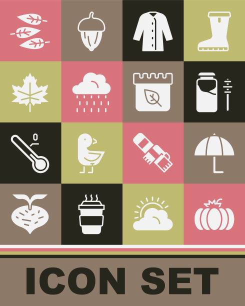 设置南瓜，伞，蜂蜜罐和勺子棒，雨衣，云与雨，叶子或叶子，日历秋天图标。向量图片下载